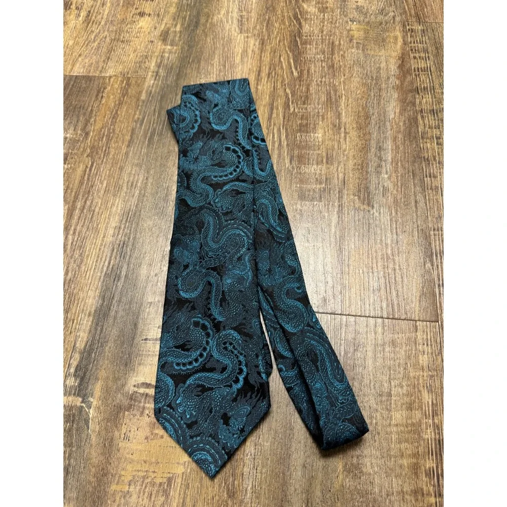 J. Ferrar Dragon Jacquard Necktie‎ Set Teal & Orange Woven Silk-Look Ties 2pc